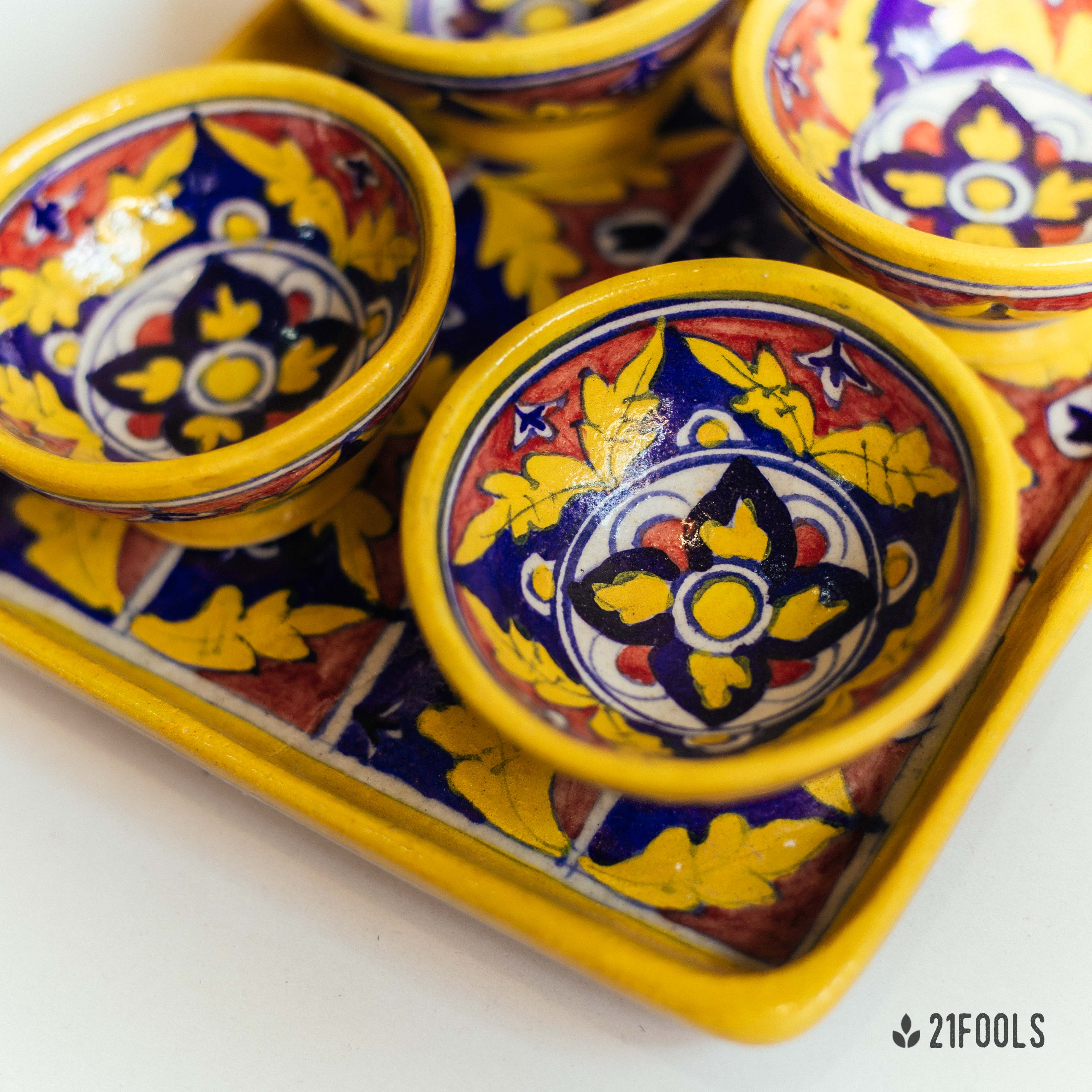 Blue Pottery Trays with Bowls / 'Kot Jewar' / Red Brick